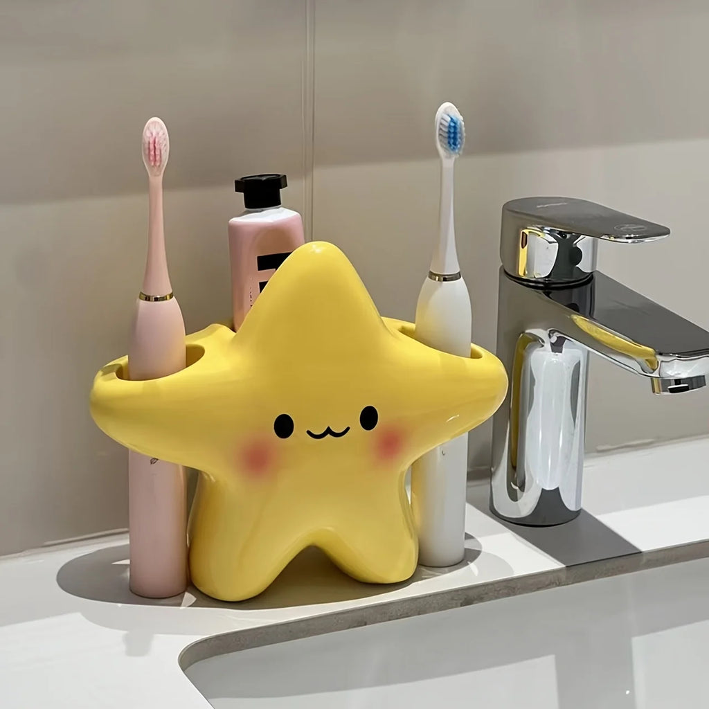 Star-Shaped Plastic Toothbrush Holder - Freestanding Bathroom Organizer with Cute Face Design, Durable Plastic Construction