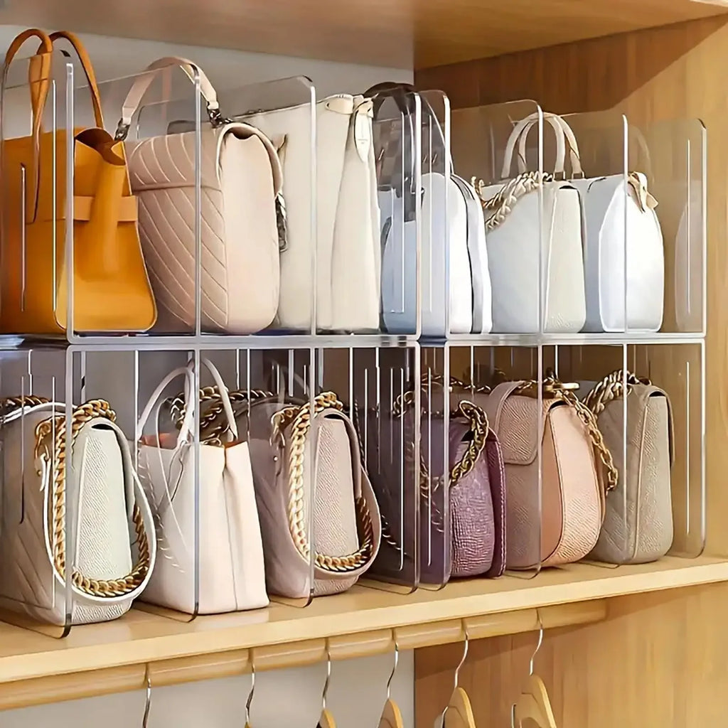 Transparent acrylic handbag organizer, 4-compartment hanging clutch bag storage rack, wardrobe bag separator, suitable for tote
