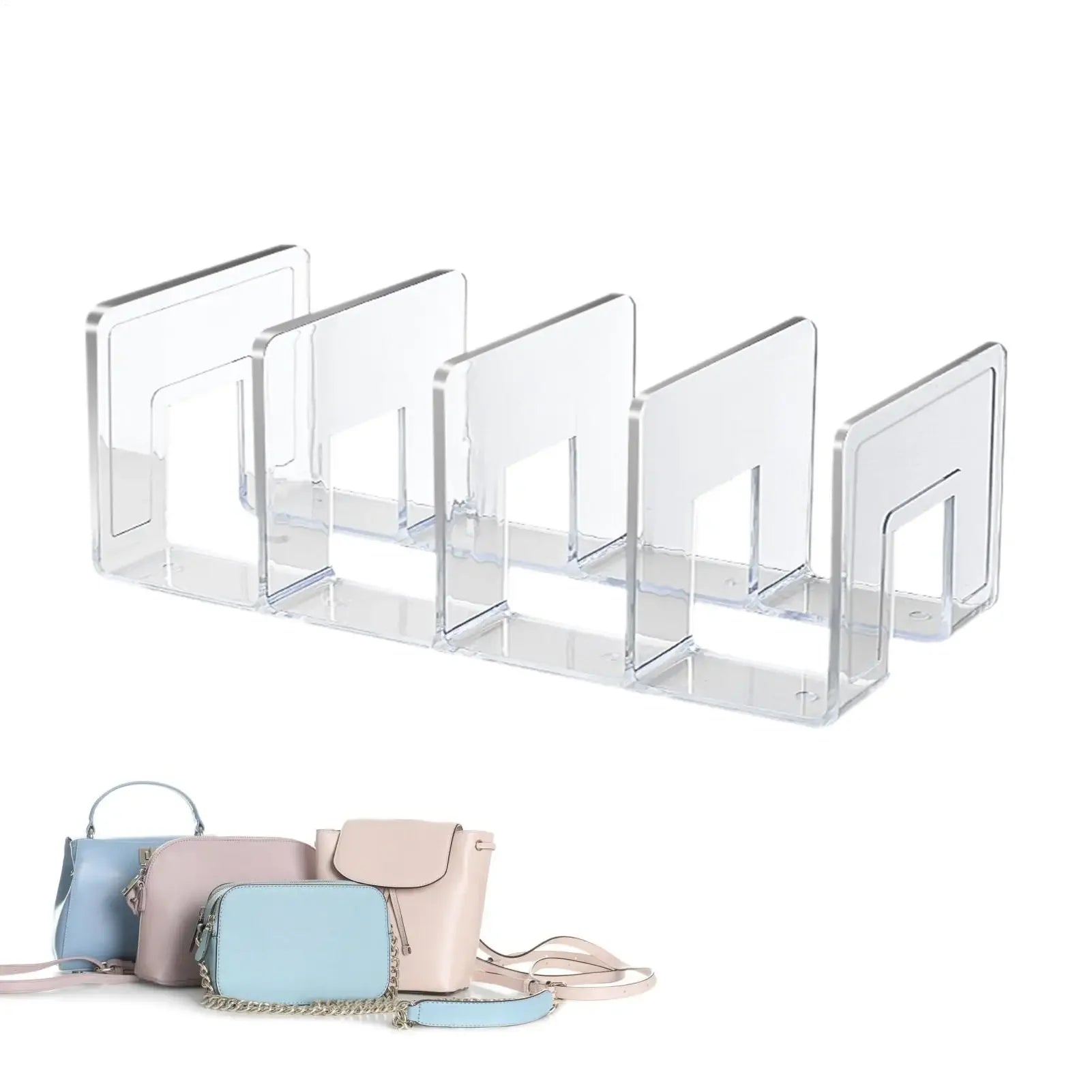 Transparent acrylic handbag organizer, 4-compartment hanging clutch bag storage rack, wardrobe bag separator, suitable for tote