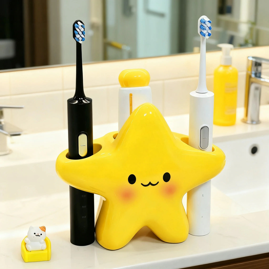 Star-Shaped Plastic Toothbrush Holder - Freestanding Bathroom Organizer with Cute Face Design, Durable Plastic Construction