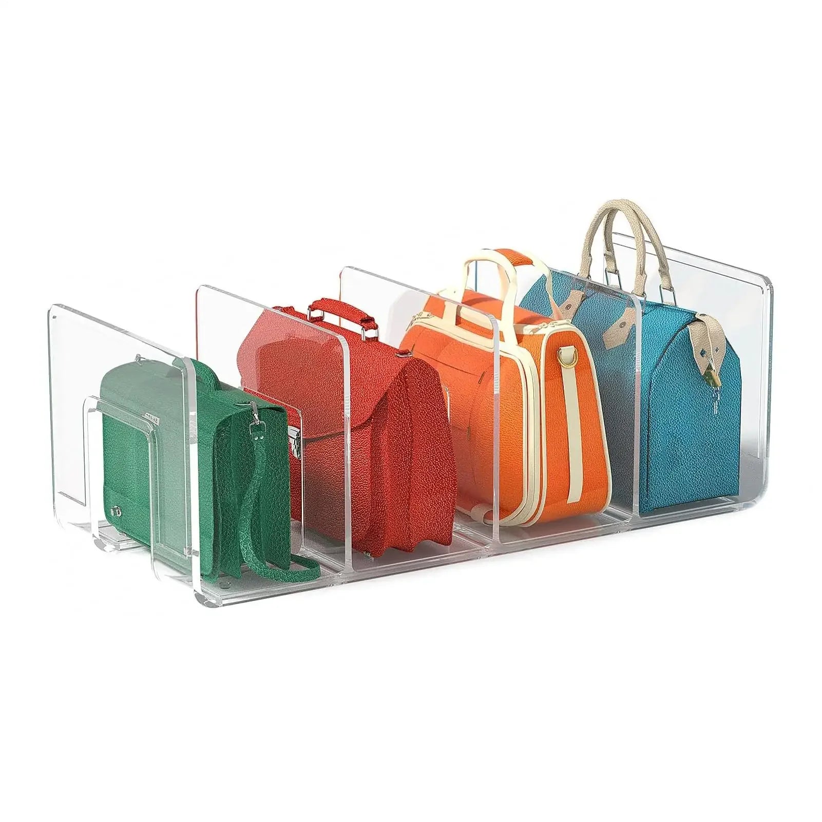 Transparent acrylic handbag organizer, 4-compartment hanging clutch bag storage rack, wardrobe bag separator, suitable for tote
